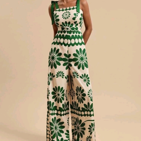 Women's Floral Print Tied Shoulder Wide Leg Jumpsuit, Vacation Wear - Picture 6 of 6